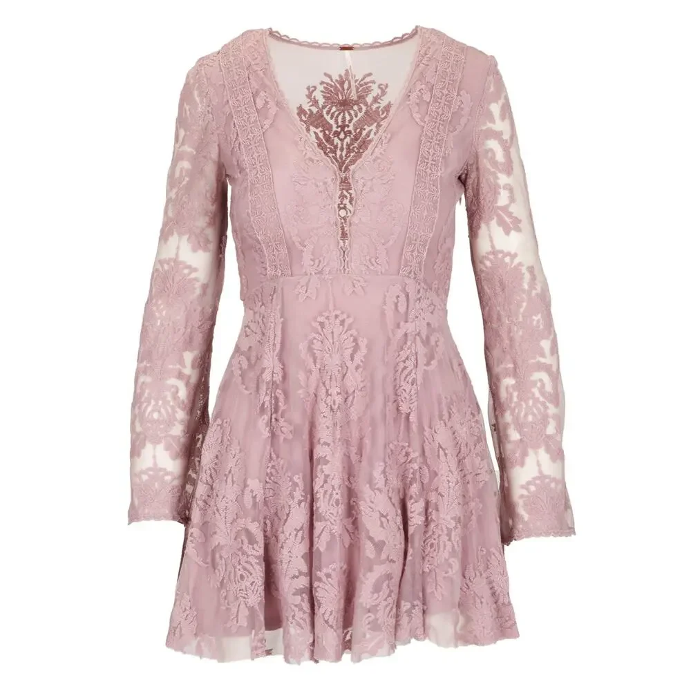 Free People Reign Over Me Dusty Lilac Lace Bell Sleeve Mini Dress 6 Taylor Swift